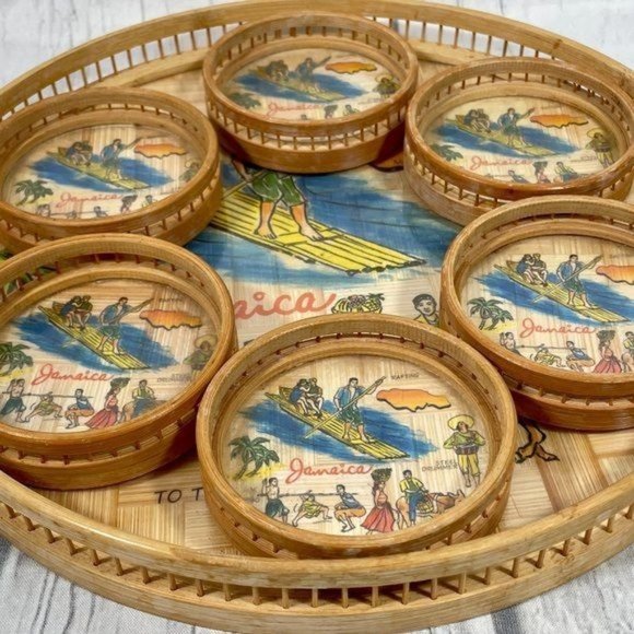 Vintage Tropical Bamboo Drink Tray & Coaster Set 1960s Rattan Tiki Bar MCM Decor - Picture 1 of 6